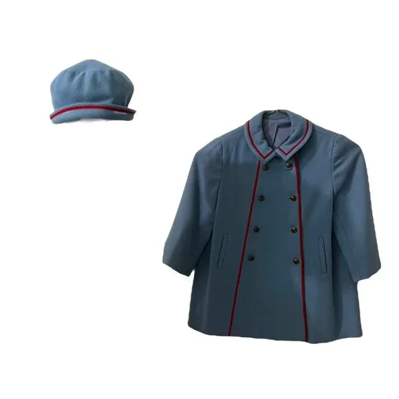 60s Mode Kiddie Coats Light Blue Wool Double-Breasted Coat & Beret Union Made